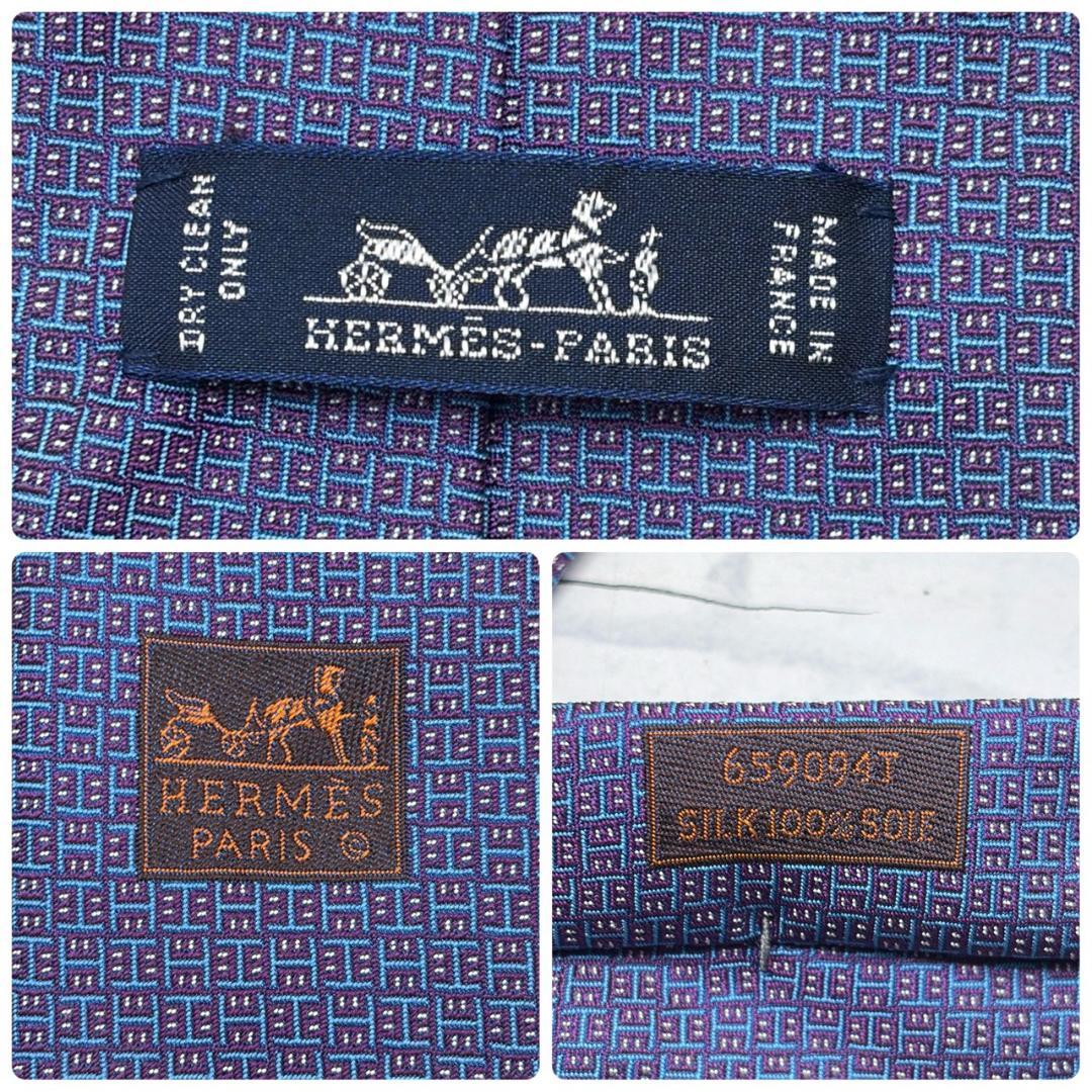 HERMES H柄 エルメス ネイビー 幾何学模様 シルクネクタイ