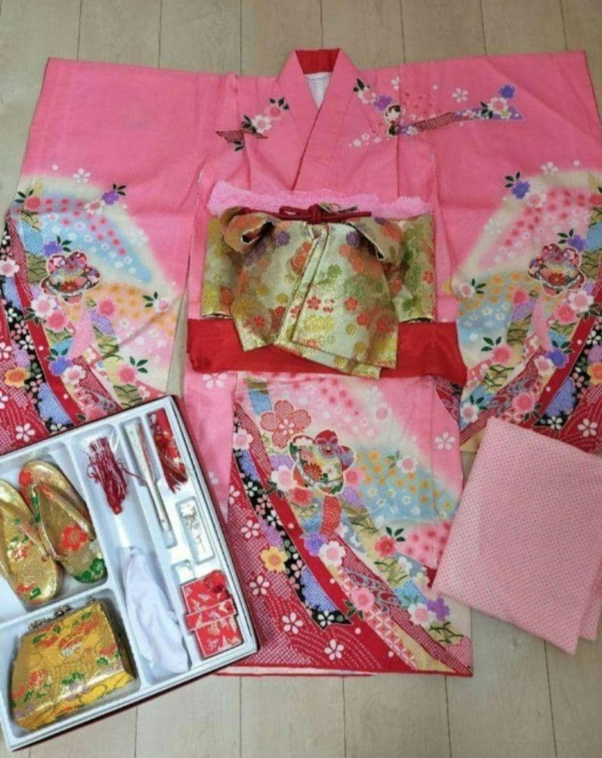 絹100 七五三用　 ピンク花柄着物セット