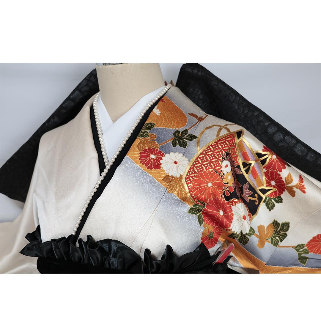 難あり振袖単体161.5cm人気アイボリーホワイト白系黒グレー正絹成人式OZ53