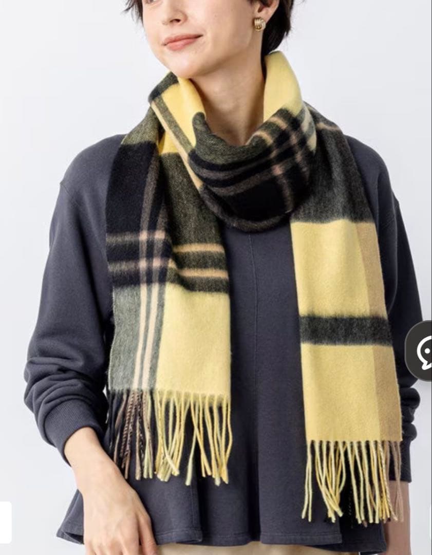 最終値下　23区　美品カシミヤ 100%チェック マフラー　イエロー