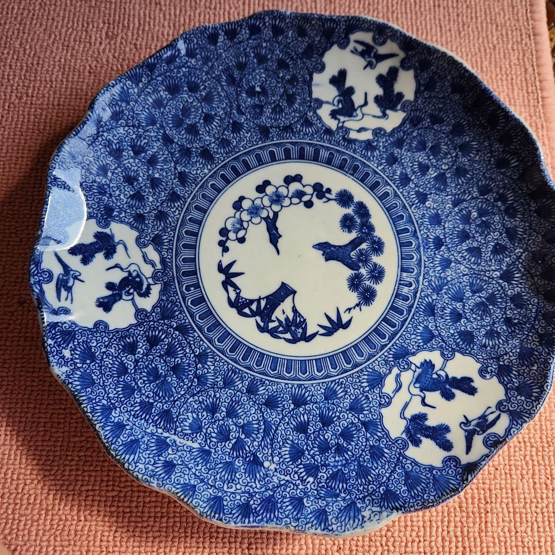 長沼焼 膾皿 紙刷印判 松竹梅 染付　大皿