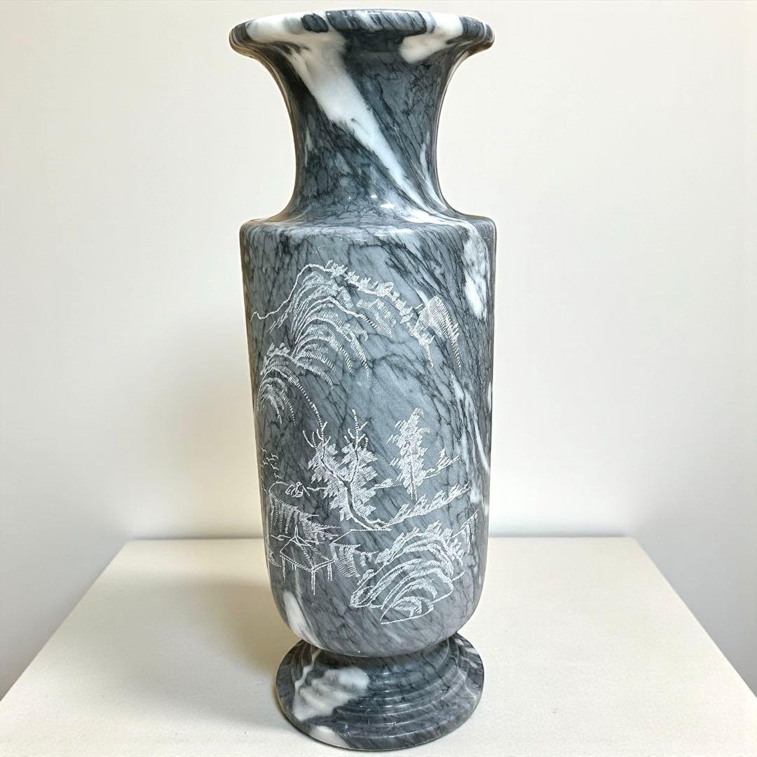 昭和54年製 1979年 大理石 花瓶 壺 山水彫刻 約56cm 14.4kg
