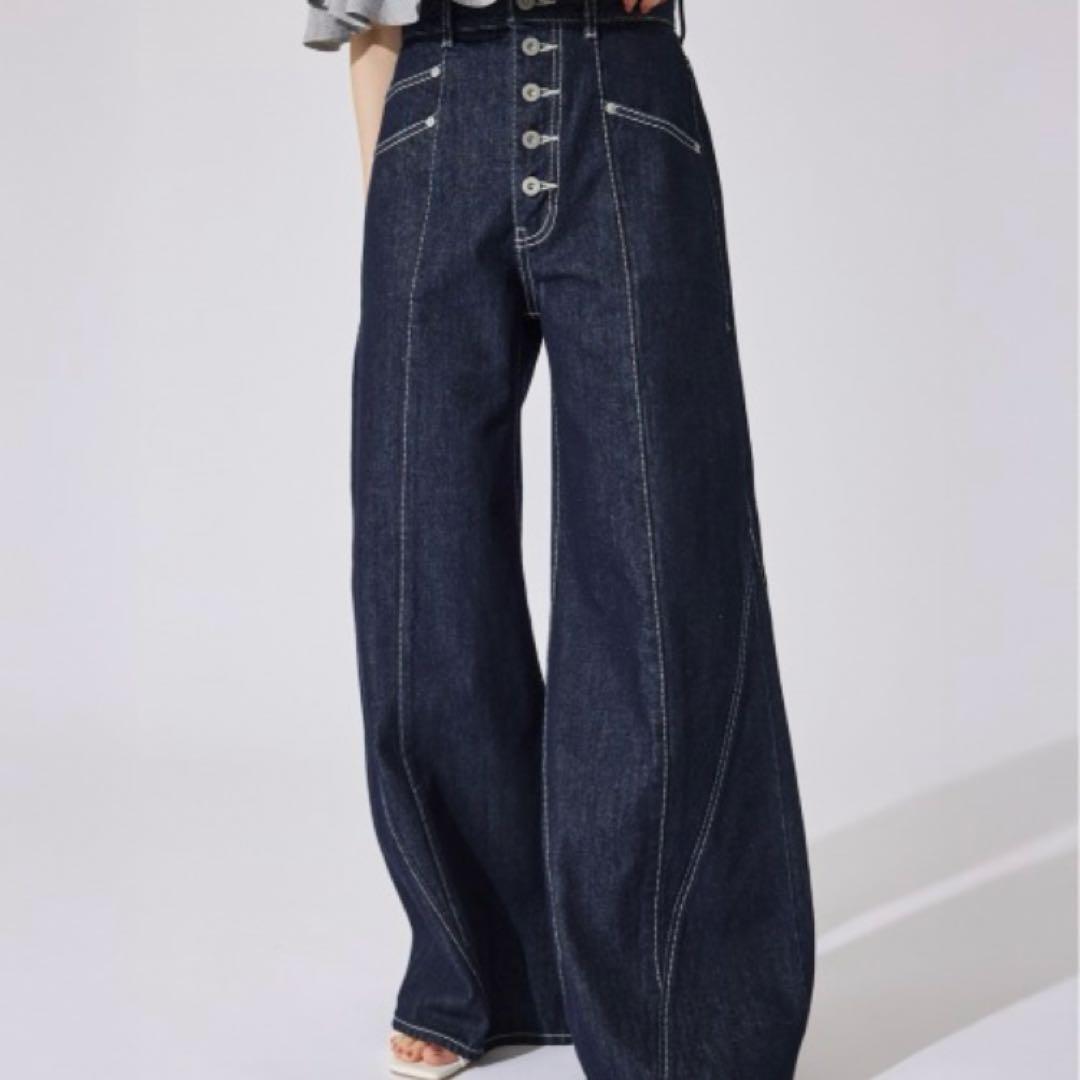 新品riendaフロントボタンデザインハイウエストデニムパンツ美シルエット脚長S