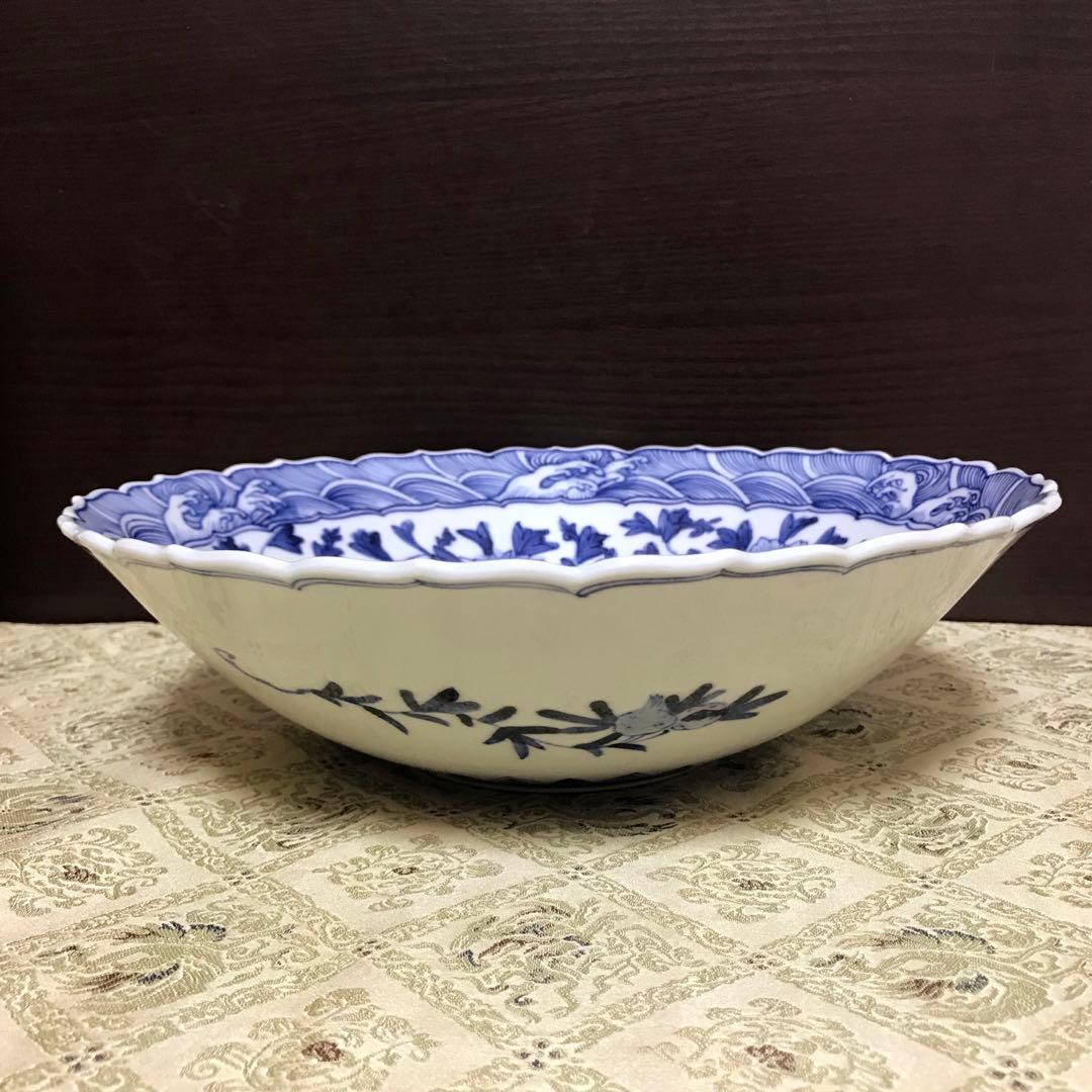 希少✨未使用✨九谷焼 皇室御用達 長左窯 波頭唐草紋 9号 大鉢 箱入✨藍九谷