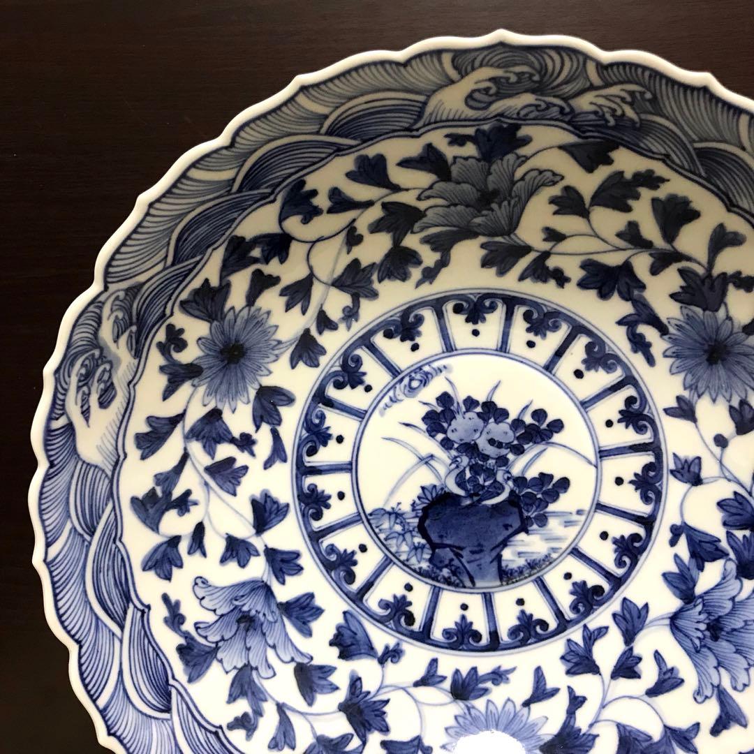 希少✨未使用✨九谷焼 皇室御用達 長左窯 波頭唐草紋 9号 大鉢 箱入✨藍九谷