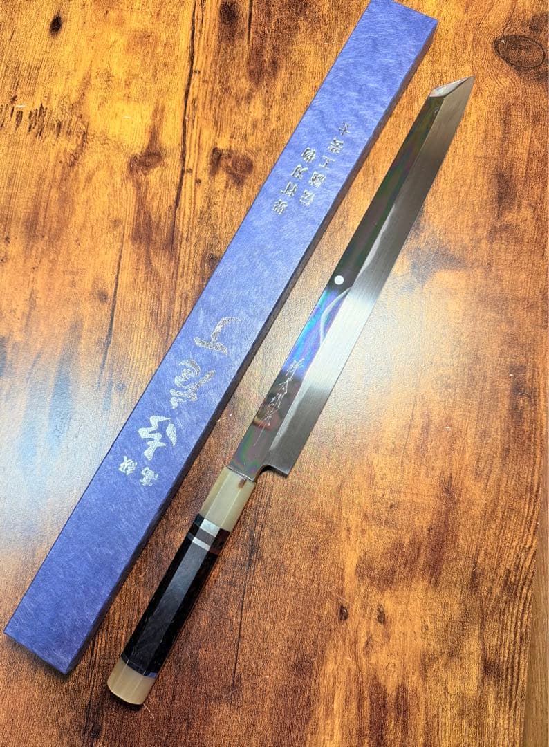 【堺打刃物】刺身 切付　水本焼 白一鋼 富士山　鏡面 尺　包丁　黒檀水牛八角柄