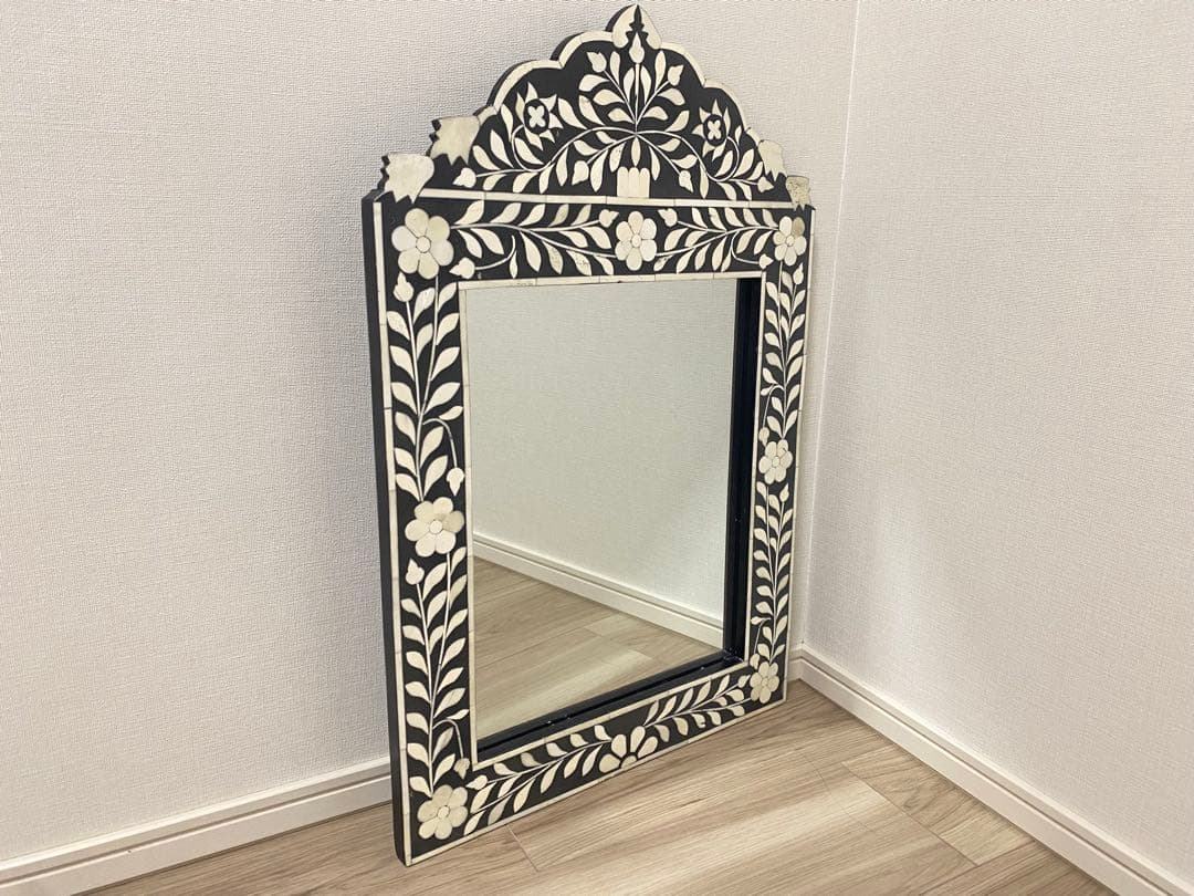 【希少品】ボーン・インレイ鏡　壁掛けミラー　象嵌　一点物　※最終値下げ