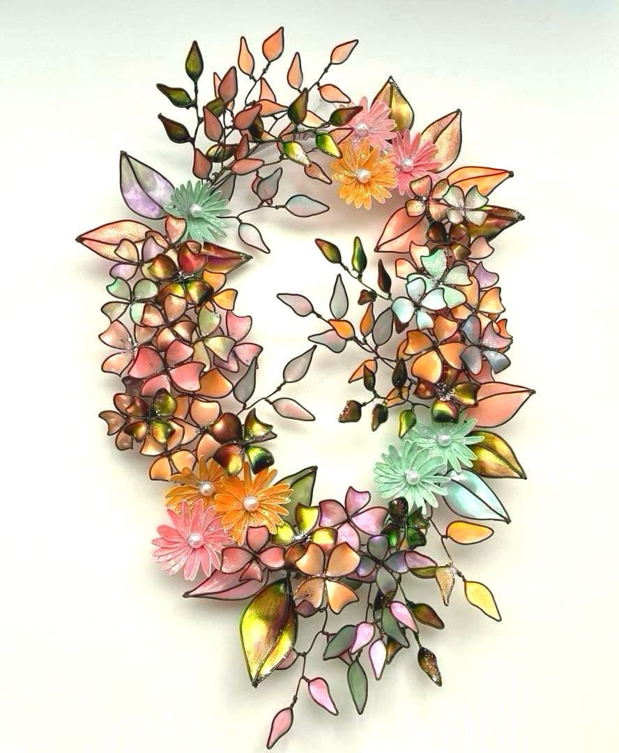 大きなオーバル型フラワーリース　ワイヤークラフト　ディップアート　壁飾り