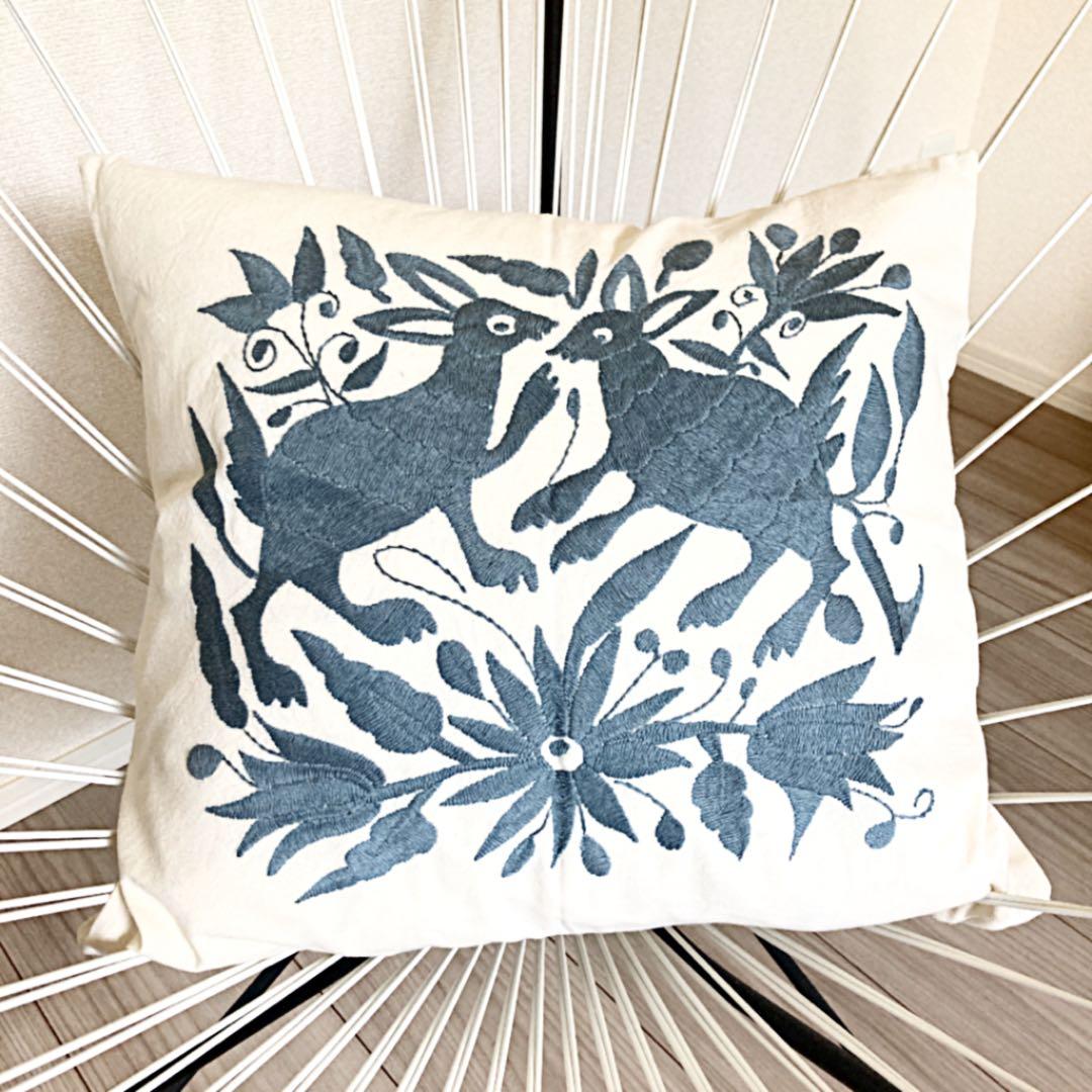 新品＊クッションカバー＊オトミ刺繍＊ブルー系＊動物＊メキシコ雑貨
