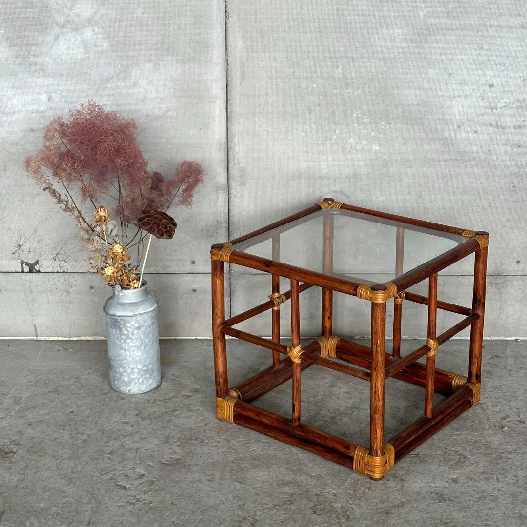 ꧁オールドラタン꧂ バリ島リゾート風 藤　ラタン× ガラス サイドテーブル