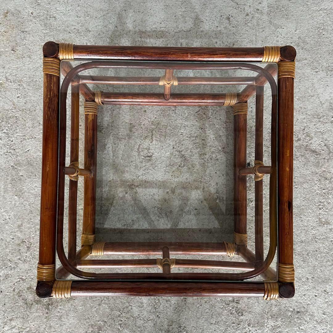 ꧁オールドラタン꧂ バリ島リゾート風 藤　ラタン× ガラス サイドテーブル