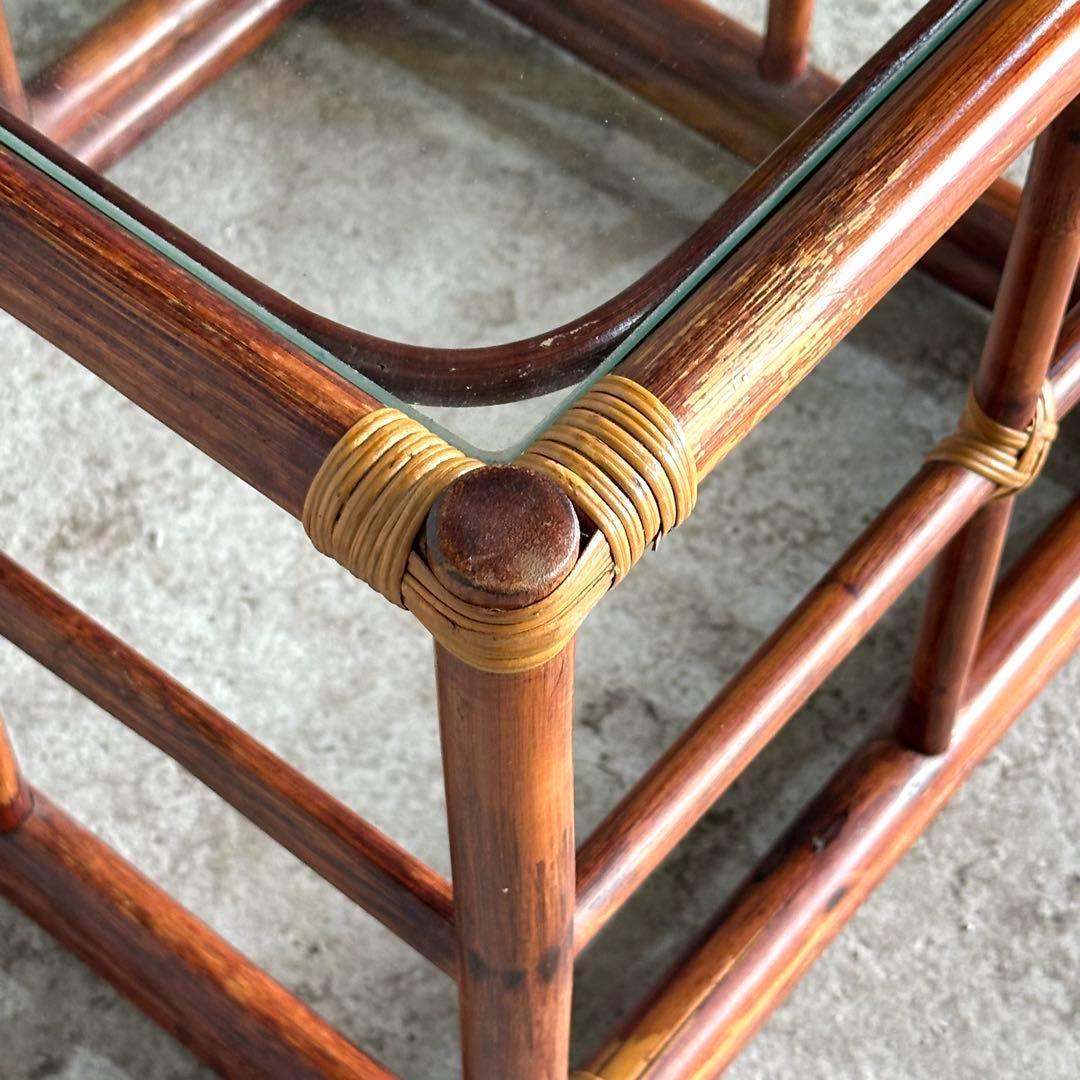 ꧁オールドラタン꧂ バリ島リゾート風 藤　ラタン× ガラス サイドテーブル