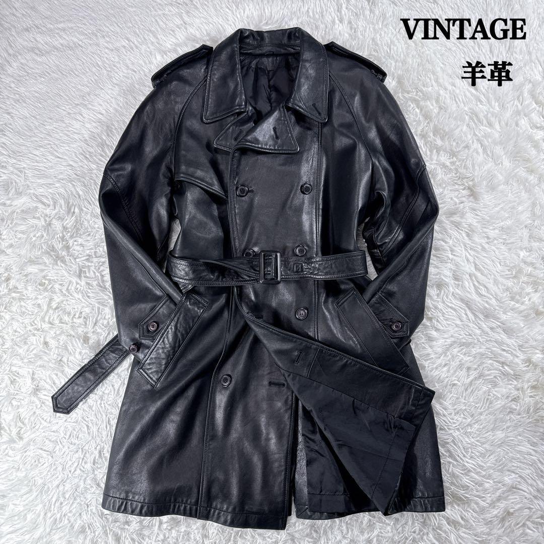 【ヴィンテージ】羊革 レザートレンチコート ダブル ベルト付き ブラック