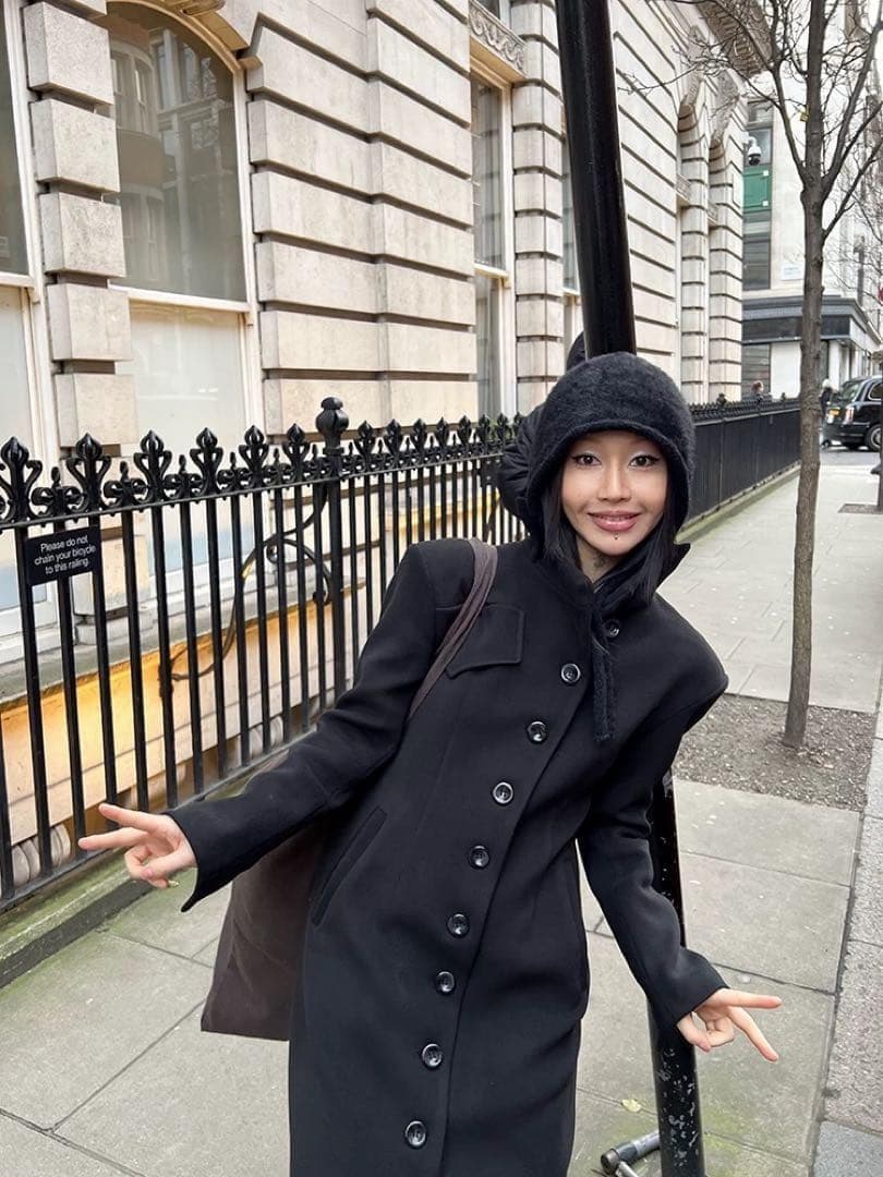 即発送 FUZZYKON ロングコート ボタン L ブラック