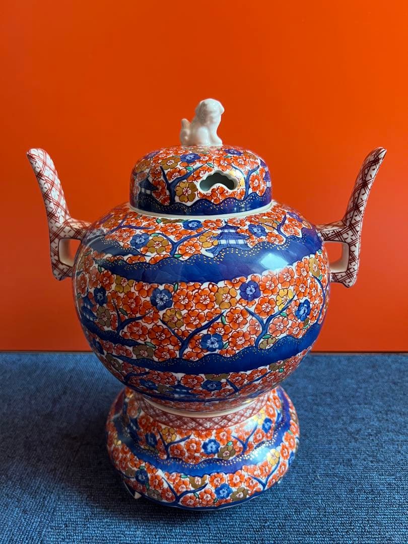 1068  有田焼・伊万里焼の陶器高級香炉　桜楼閣絵　陶芸家 藤井錦彩　美品