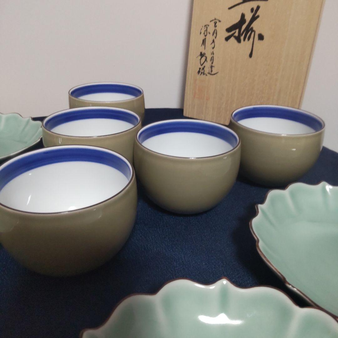 深川製磁 百年庵 高級ライン まとめ売り 青磁 笹青磁 湯飲み 皿 食器セット