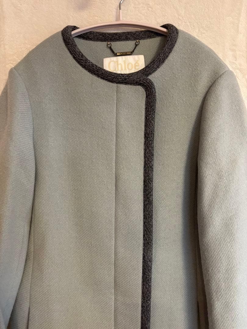 CHLOE クロエ バージンウール ロングコート ノーカラー ブルー サイズ34