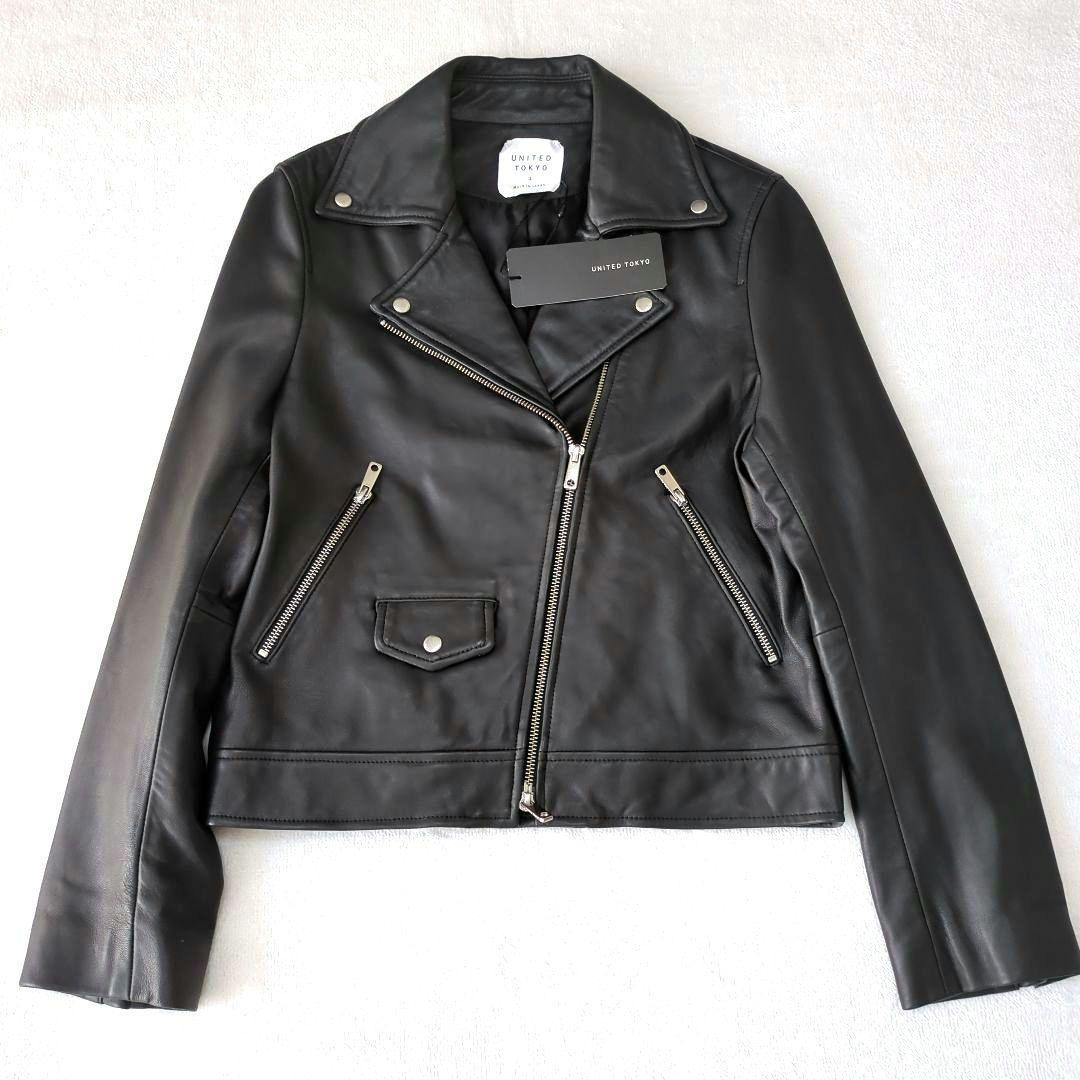 未使用タグ付 UNITEDTOKYO 羊革ダブルライダースジャケット黒サイズ3