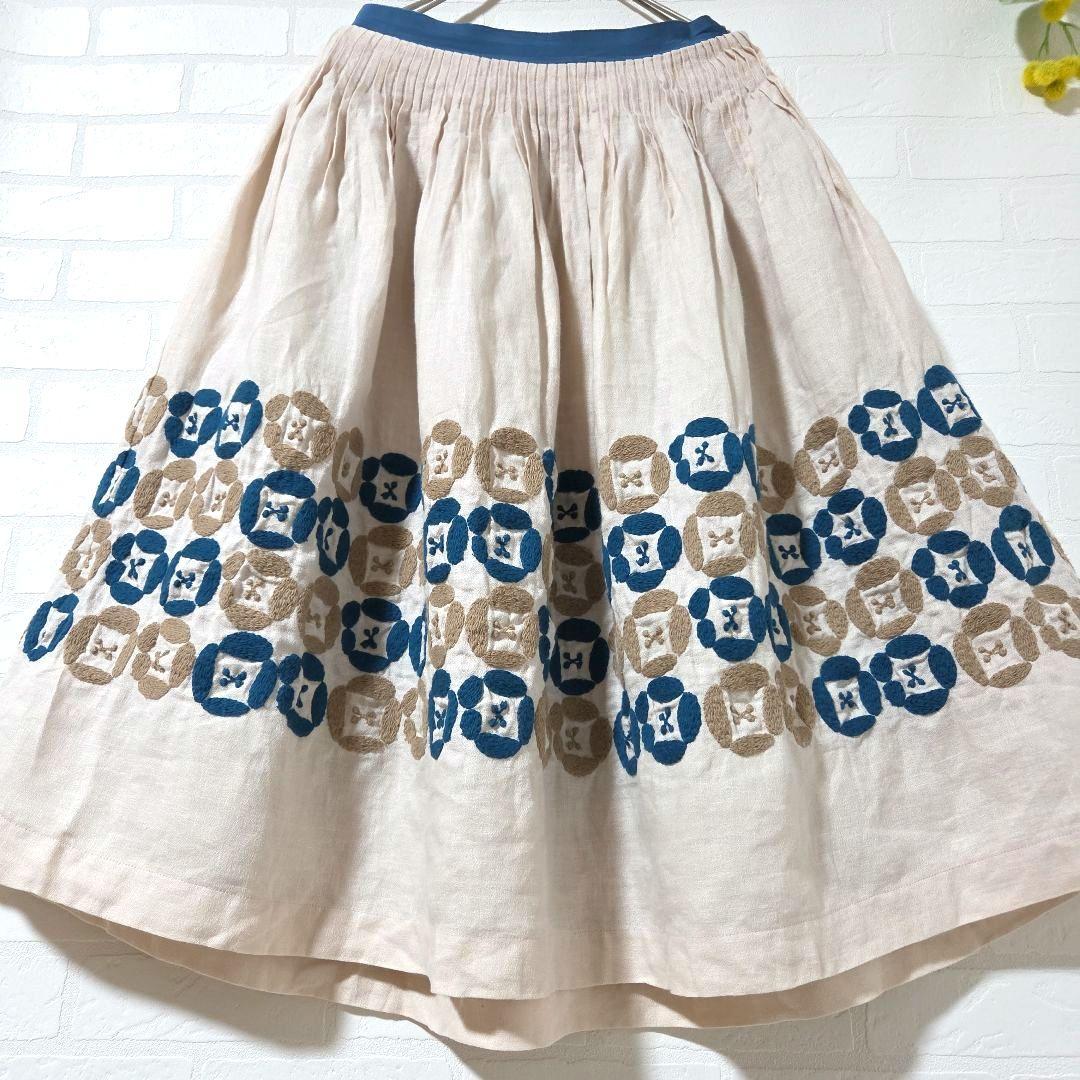 【mina perhonen　ミナ ペルホネン】　刺繍　リネン　スカート　タック