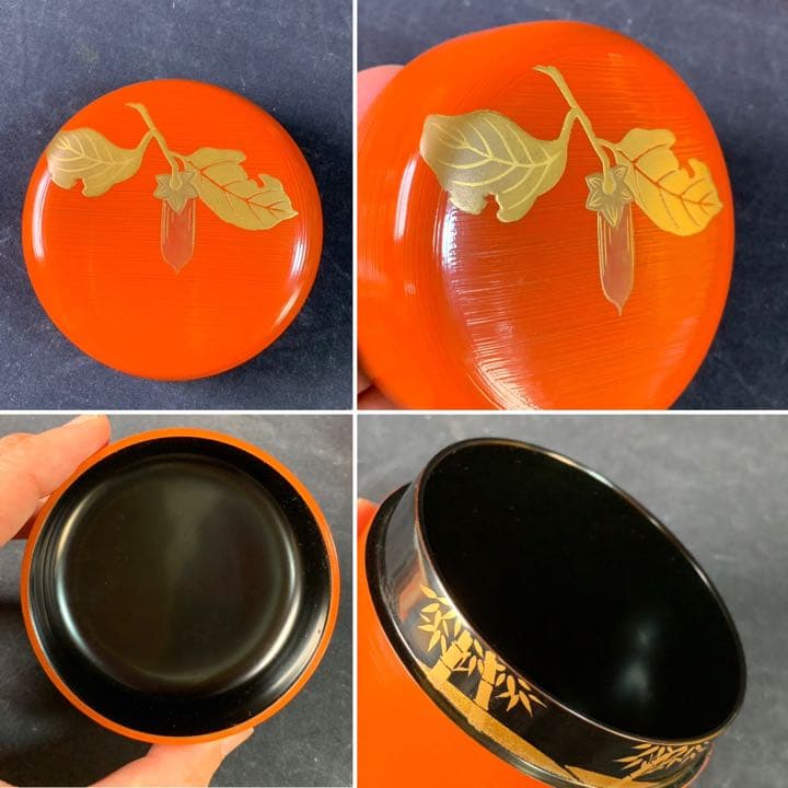 E81 送料無料　筆柿　朱刷目　棗　棗　金彩　漆器　茶道具　茶室　在銘　共箱