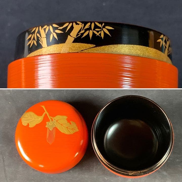E81 送料無料　筆柿　朱刷目　棗　棗　金彩　漆器　茶道具　茶室　在銘　共箱