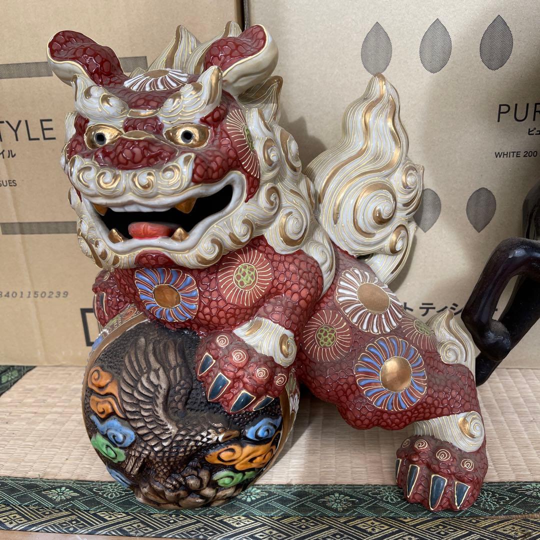 九谷焼 須栄義作 八幡窯 玉乗り獅子 約30cm 鷹図 金彩 置物