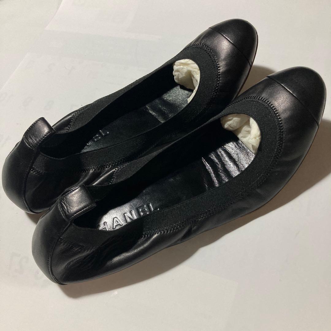 【美品】CHANEL シャネル 黒 フラットシューズ 37.5 24.5cm