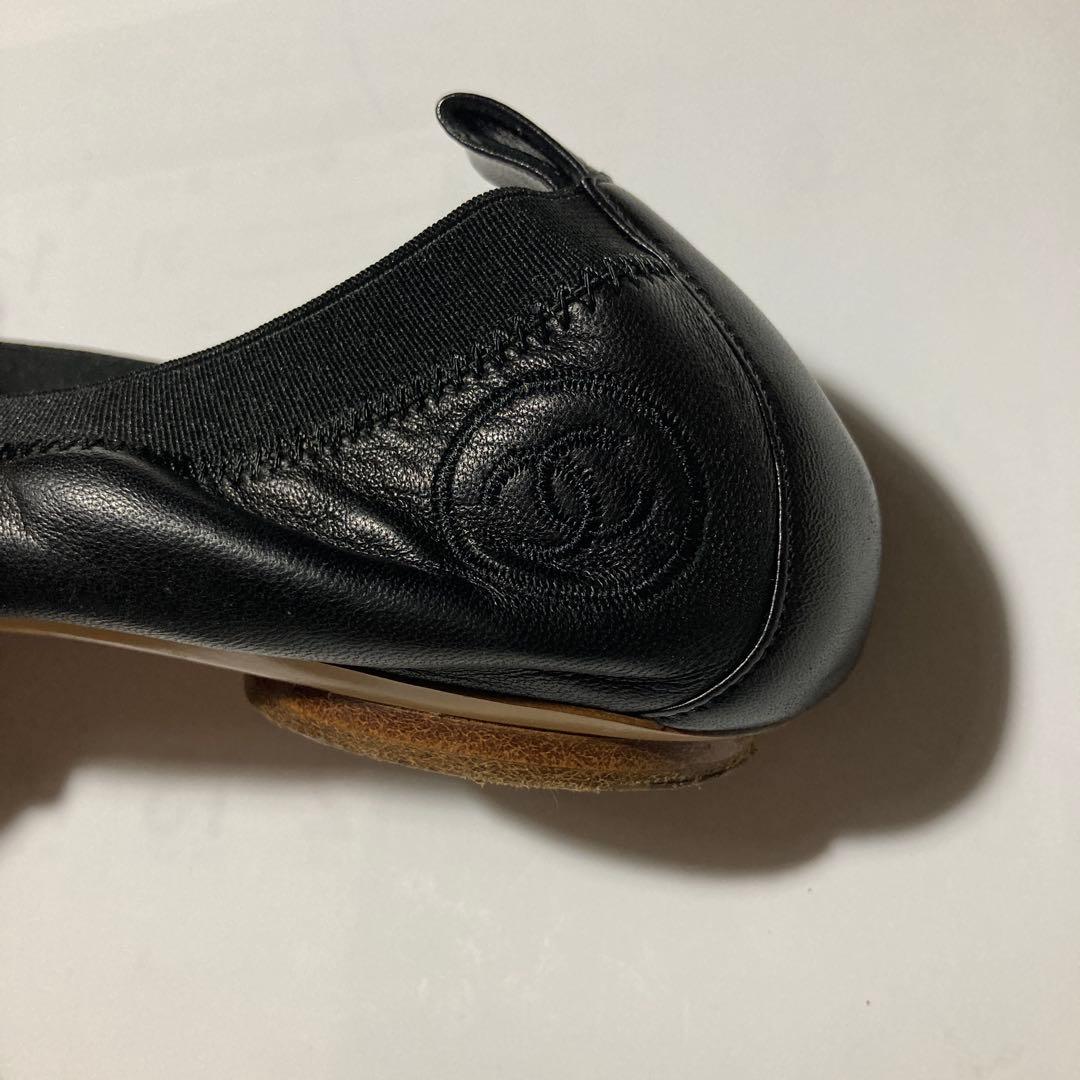 【美品】CHANEL シャネル 黒 フラットシューズ 37.5 24.5cm