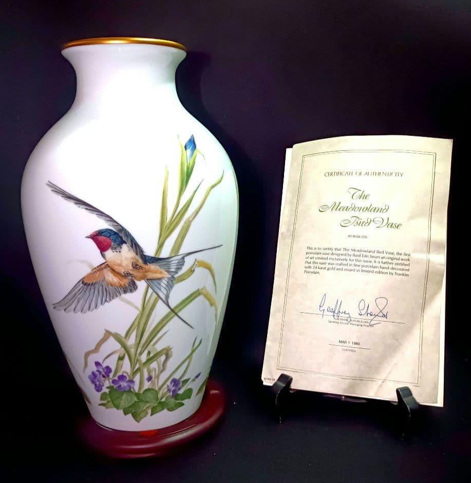【希少】フランクリンポーセレン 花瓶 牧場の鳥 証明書付