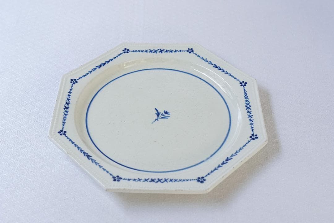 フランスアンティーク　オクトゴナル　プレート　青小花　20.2cm