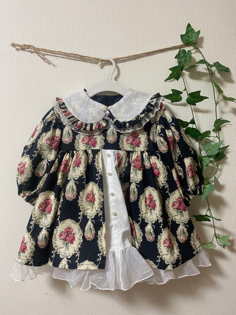 ハンドメイド　ウエストギャザーワンピース120、90cm つけ襟セット