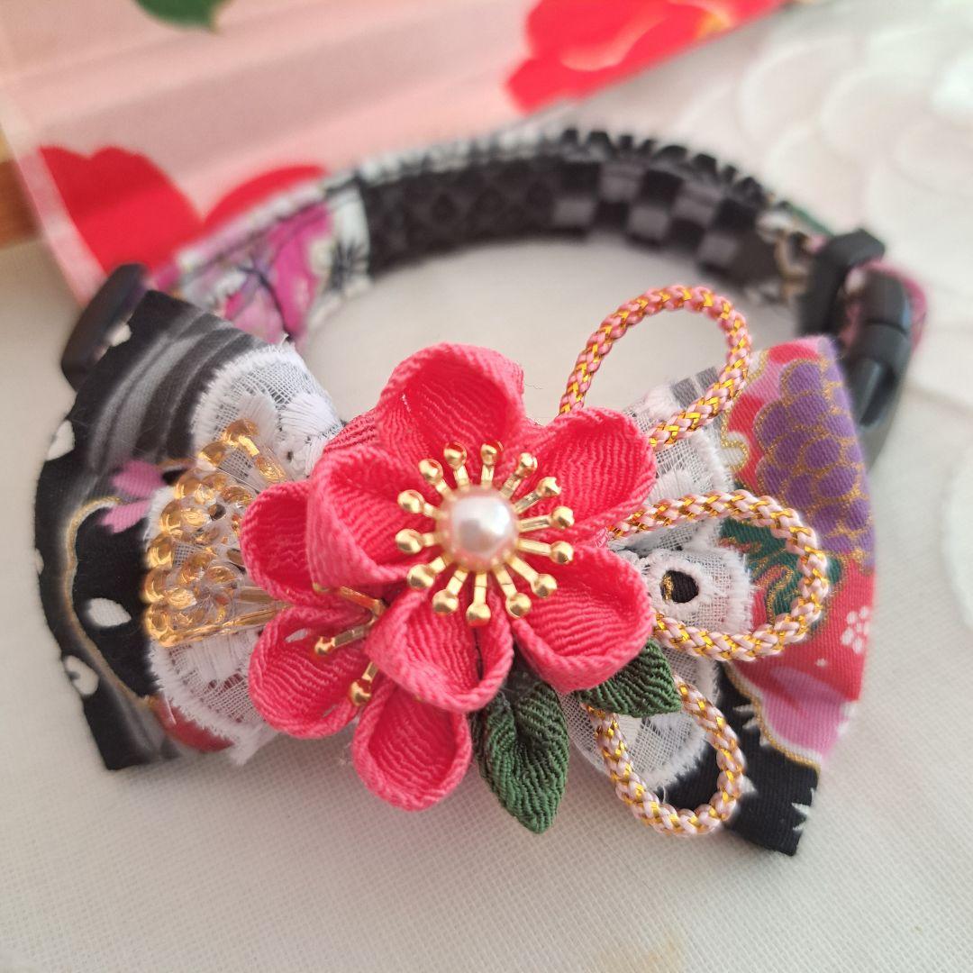 お正月、つまみ細工シングルリボン(黒②)わんちゃん猫ちゃん用首輪