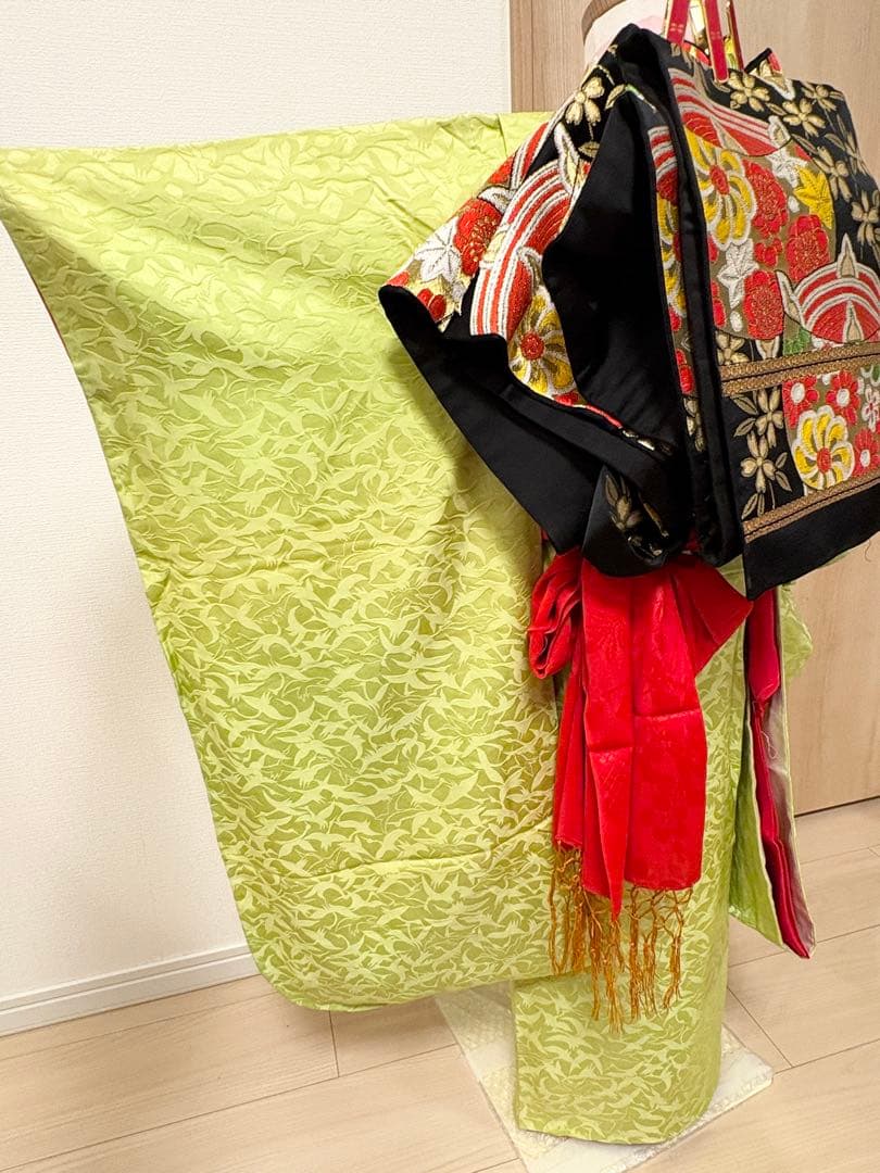 七五三 7歳 祝い着 正絹 黄緑 鶴 M2510282