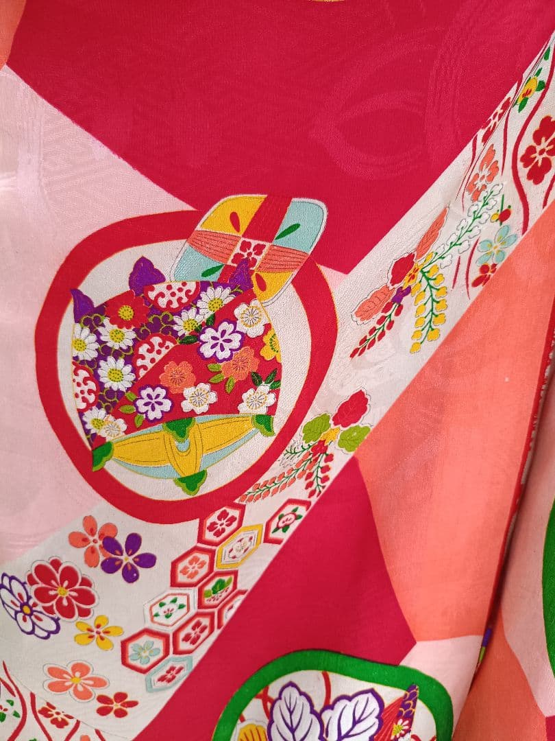 専用です☆アンティークピンク赤に丸模様の着物と黒系だらり帯