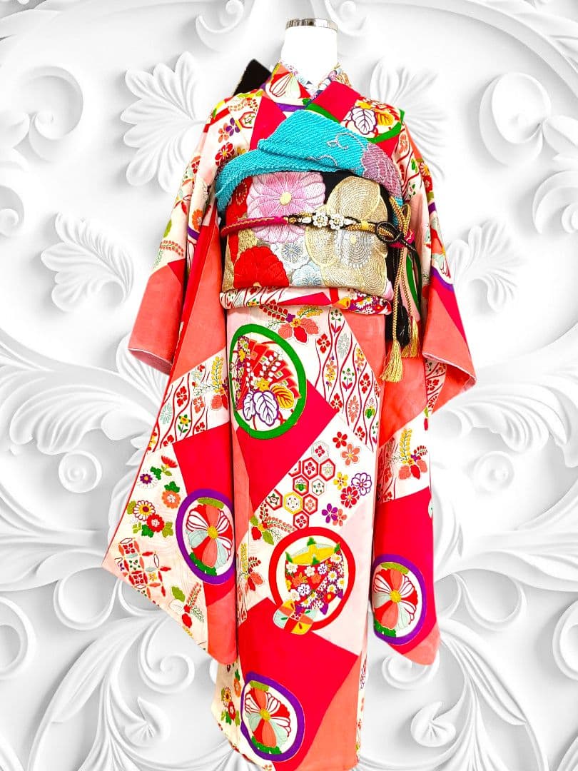 専用です☆アンティークピンク赤に丸模様の着物と黒系だらり帯