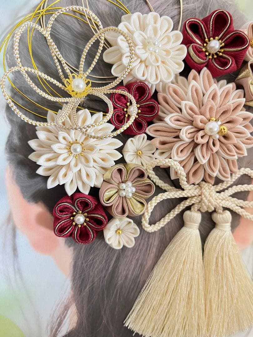 和装髪飾り　くすみピンク　臙脂　つまみ細工　結婚式　成人式　卒業式　袴　七五三