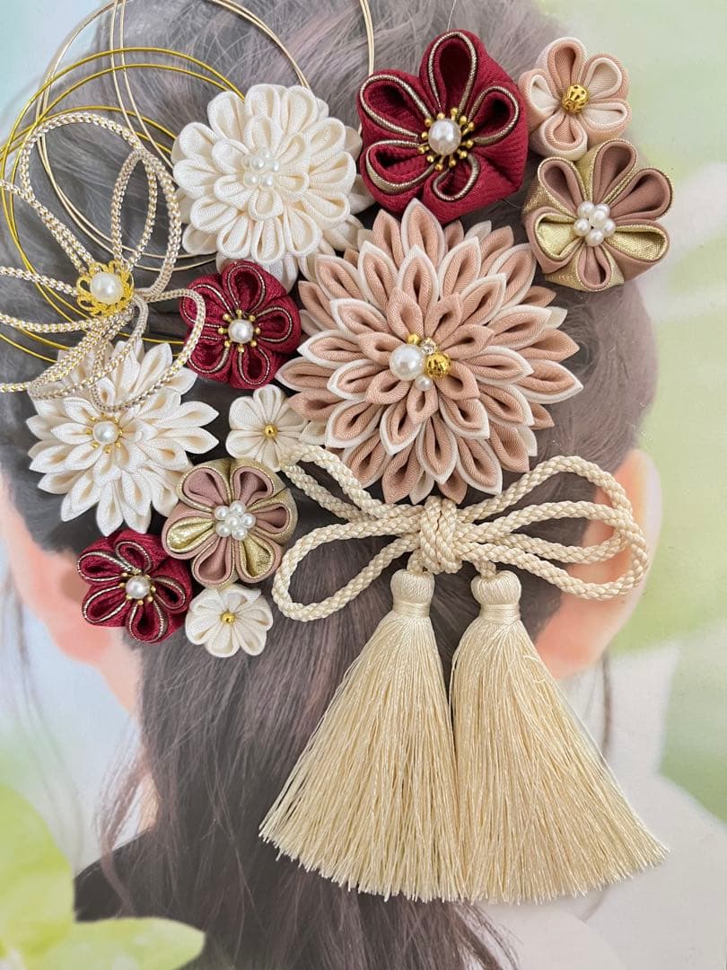 和装髪飾り　くすみピンク　臙脂　つまみ細工　結婚式　成人式　卒業式　袴　七五三