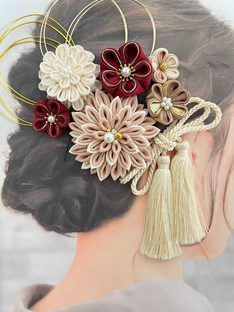 和装髪飾り　くすみピンク　臙脂　つまみ細工　結婚式　成人式　卒業式　袴　七五三