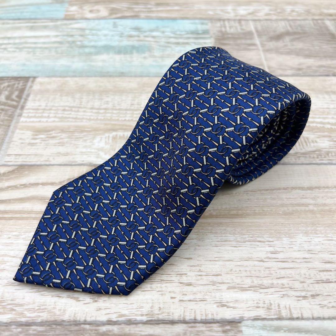 【美品】エルメス　ネクタイ　ブルー　パターン柄　ハイブランド　高級シルク