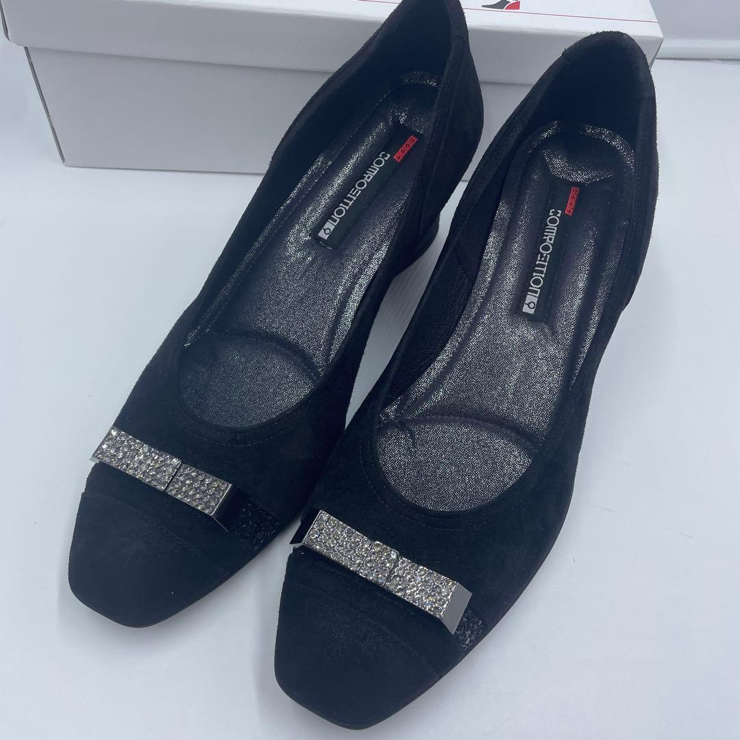 『未使用』コンポジション9 パンプス　リボン　ブラックスエード 四角バックル25