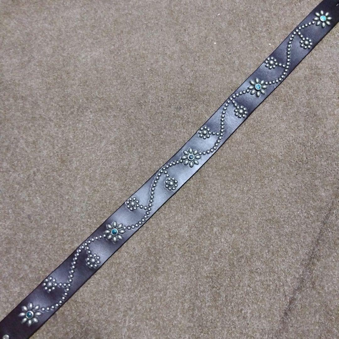 36inch ターコイズ フラワー HTC 革製 スタッズベルト ダークブラウン