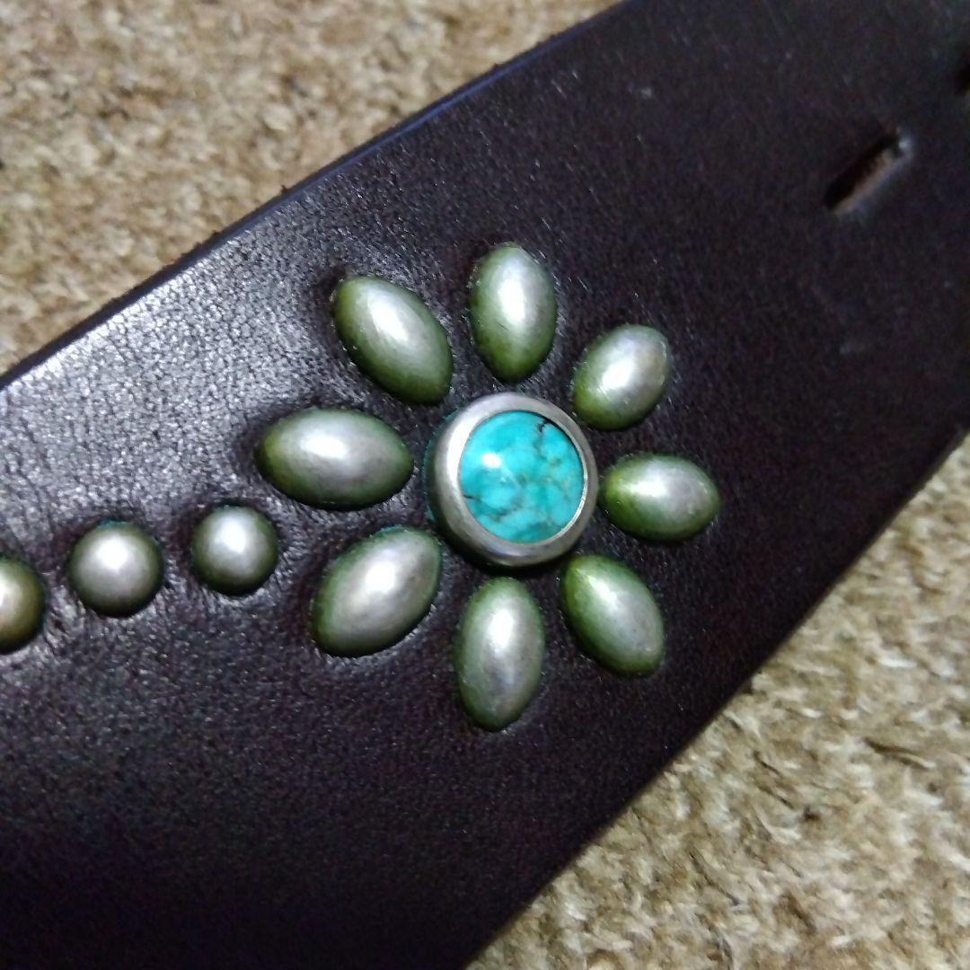 36inch ターコイズ フラワー HTC 革製 スタッズベルト ダークブラウン