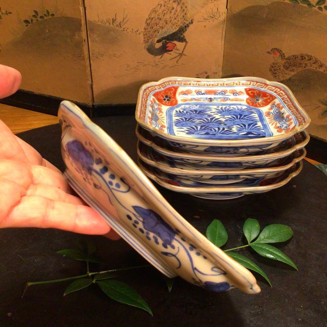 311 古伊万里 極上　染錦手 隅入角皿 五枚