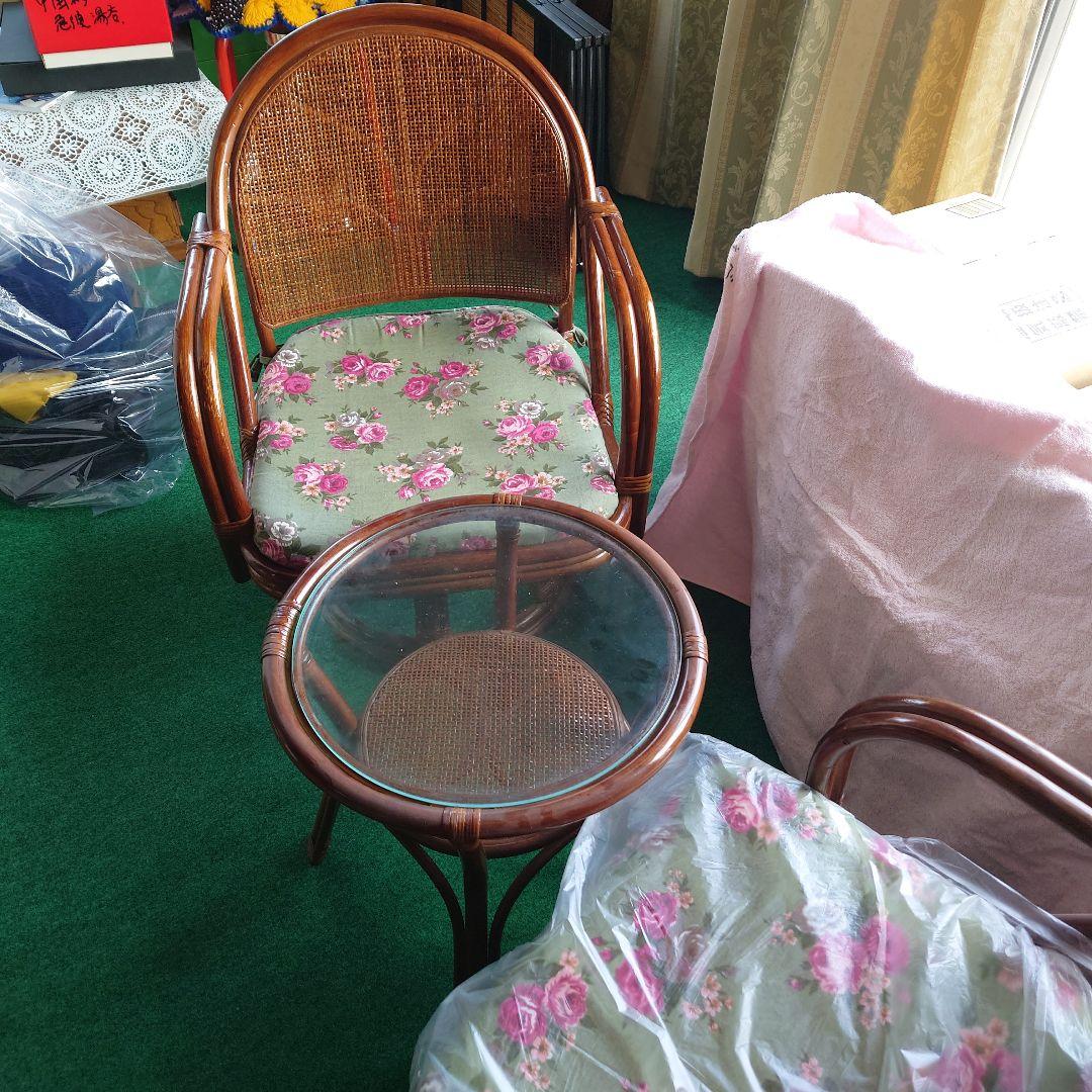 ◆ラタンチェア2脚とガラステーブルセット/昭和レトロ