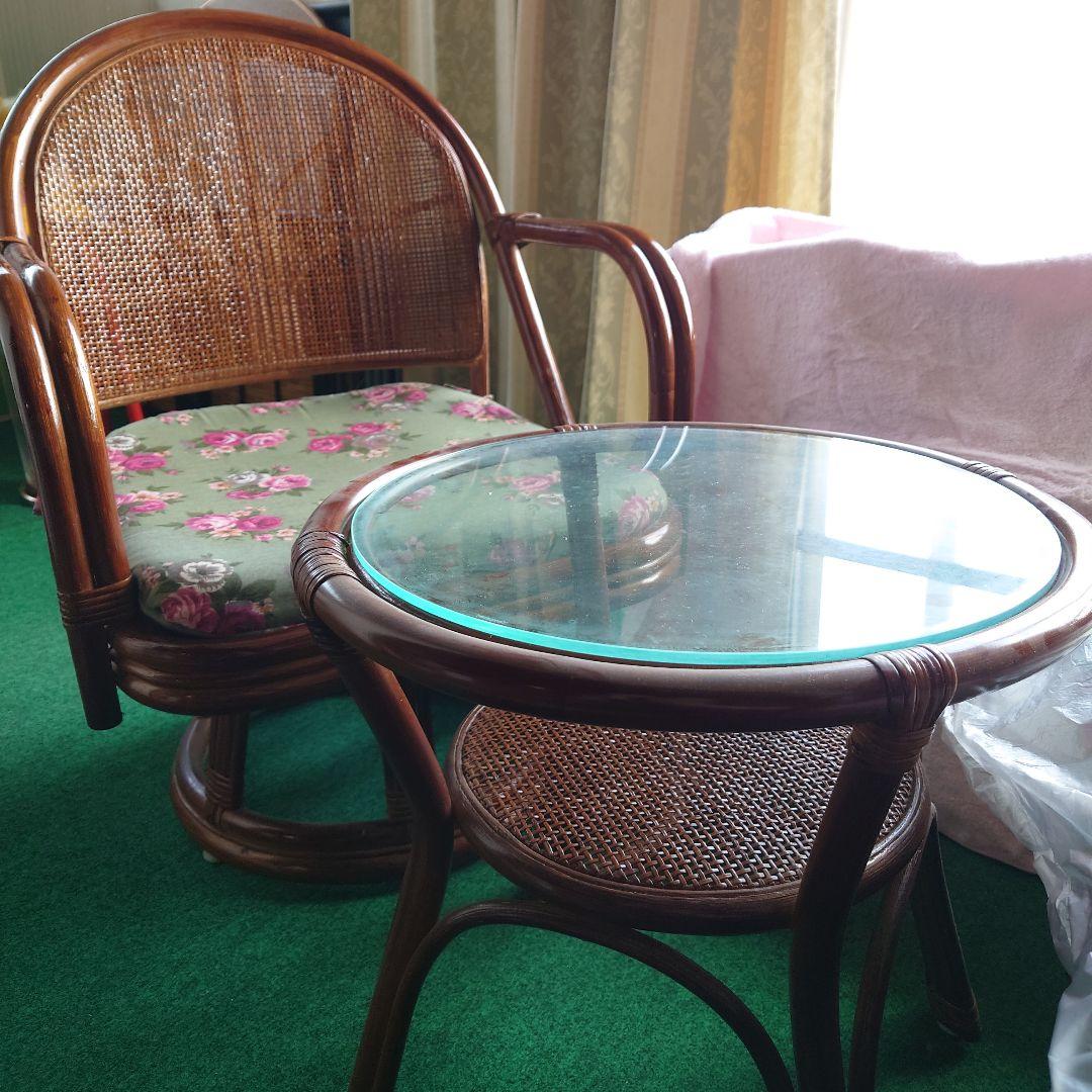 ◆ラタンチェア2脚とガラステーブルセット/昭和レトロ