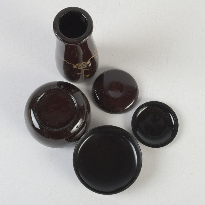 茶道具　桐木地本漆塗　青漆爪紅　利休茶箱　茶碗　棗など　七点　一式　M　9738