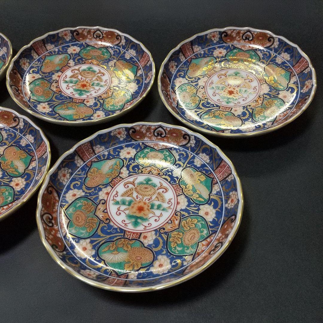 未使用品 前畑陶器 庫山窯 金蘭手 金彩菊紋 古伊万里文 約14㎝ 5枚 輪花皿