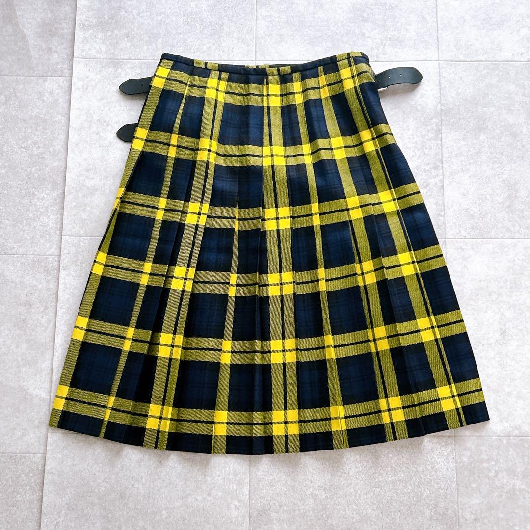 美品✨ オニールオブダブリン ラップスカート　ベルト 牛革 チェック イエロー