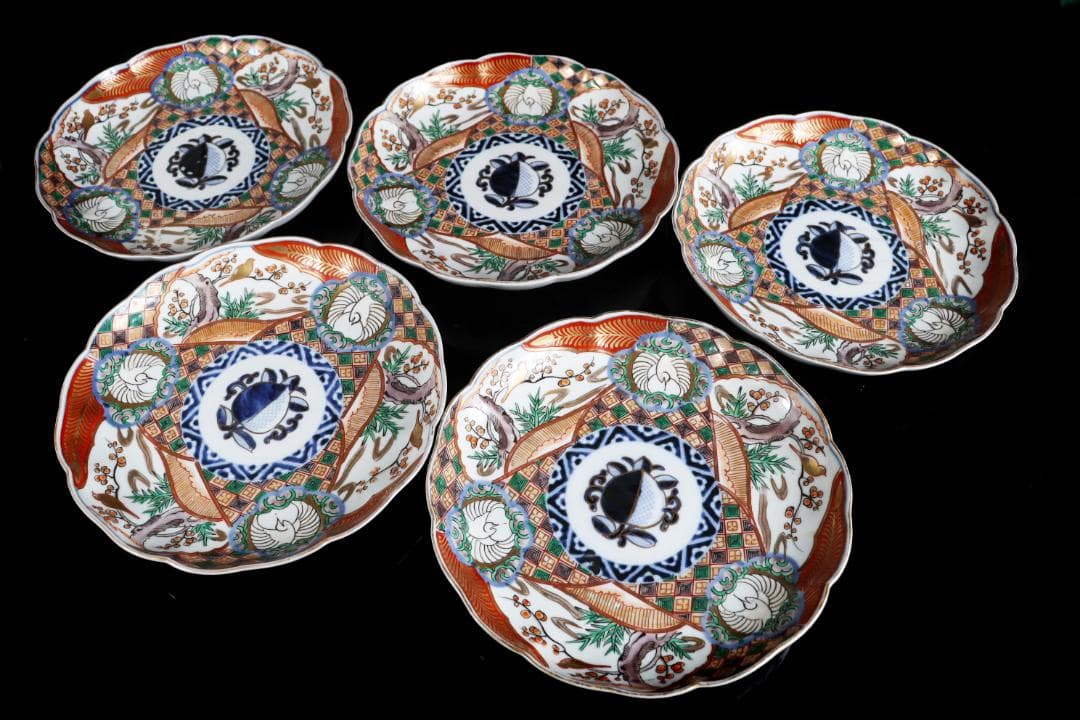 古伊万里 色絵 梅鶯鶴 八寸皿 五枚 ②懐石道具料亭