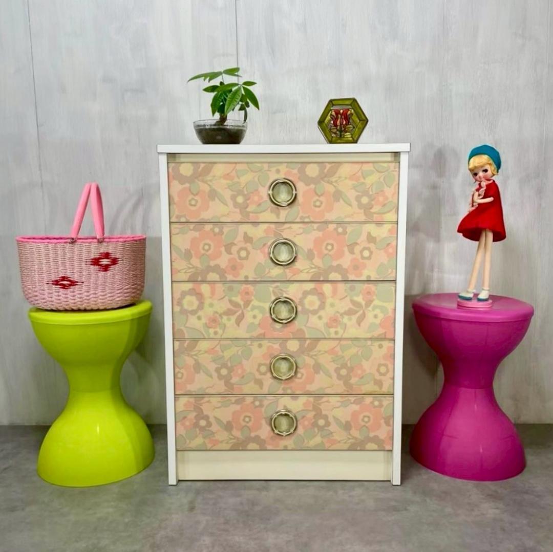 昭和レトロ 70's ピンク チェスト タンス 5段 引き出し収納 ヴィンテージ